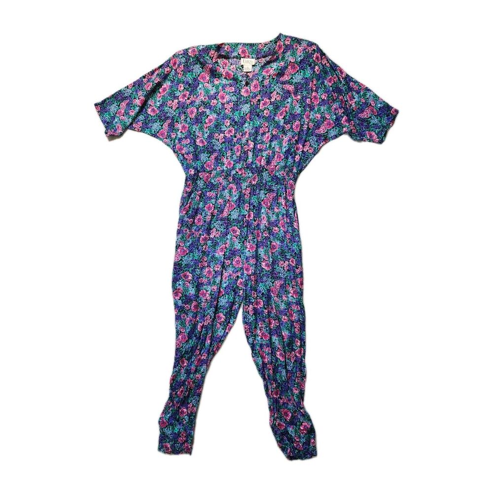 VTG Erika Floral Jumpsuit Romper Dolman Sleeve Elastic Waist Tapered Sz M GUC